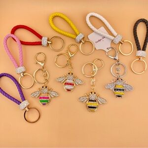 🐝 BEE Rhinestone Bling Bag Charm Keychain, Choice of Style & Braided Key Ring